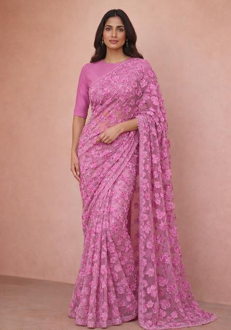 Pink Embroidered Net Pre Drapped Saree Set