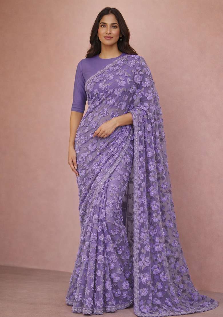 Lavender Embroidered Net Pre Drapped Saree Set - Indya