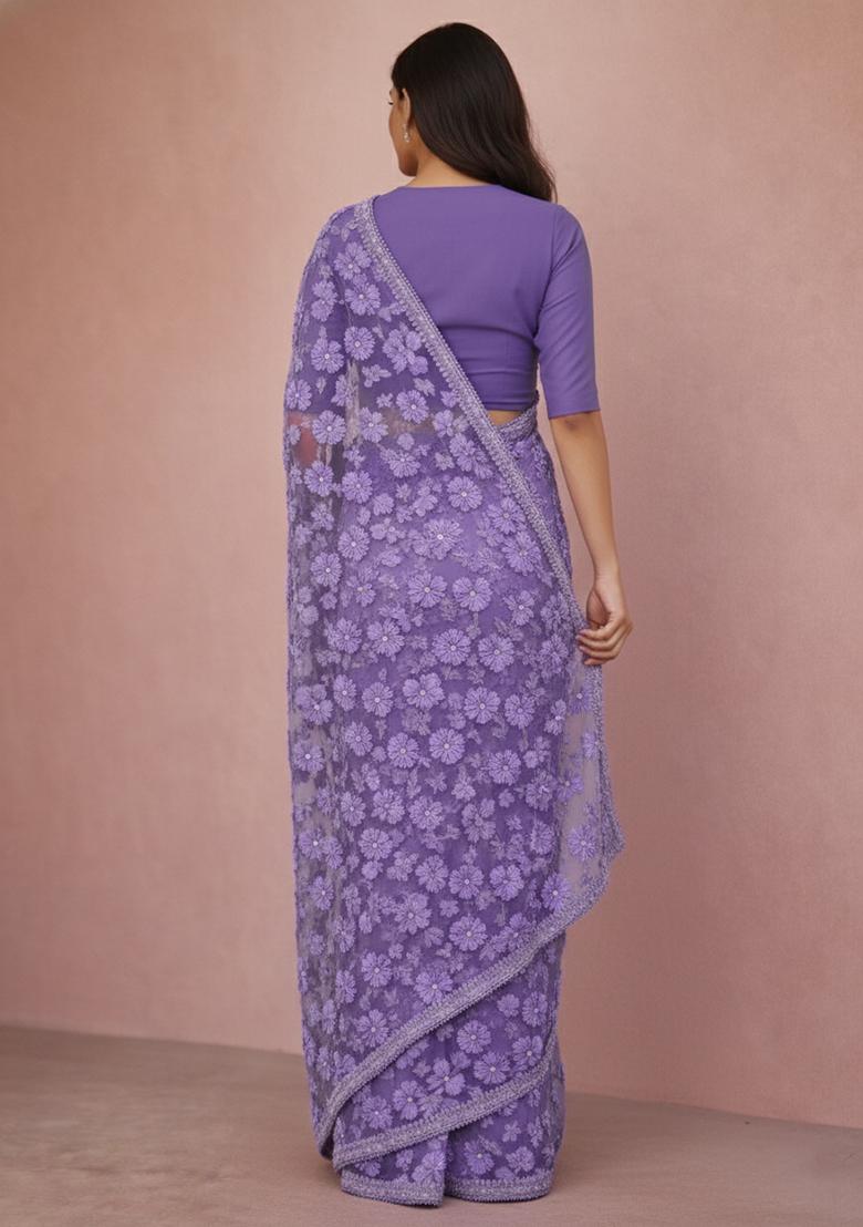 Lavender Embroidered Net Pre Drapped Saree Set - Indya