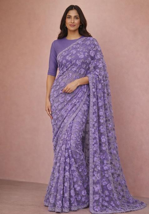 Lavender Embroidered Net Pre Drapped Saree Set