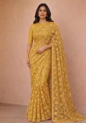 Yellow Embroidered Net Pre Drapped Saree Set