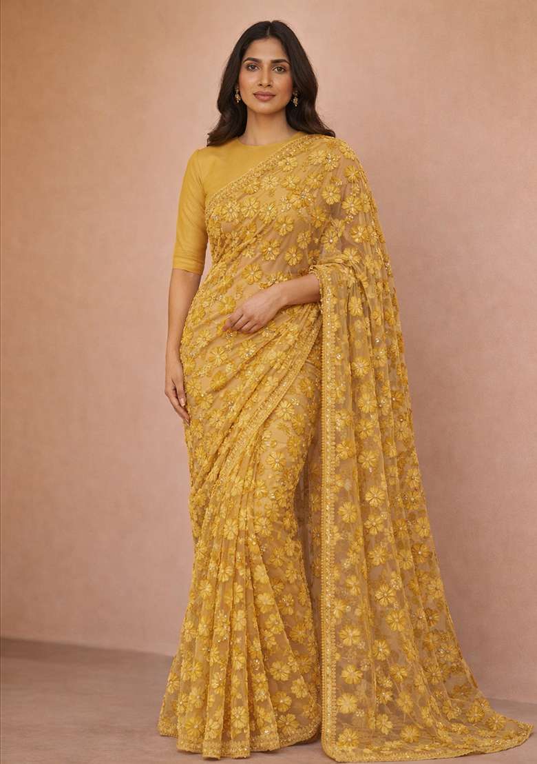 Yellow Embroidered Net Pre Drapped Saree Set - Indya