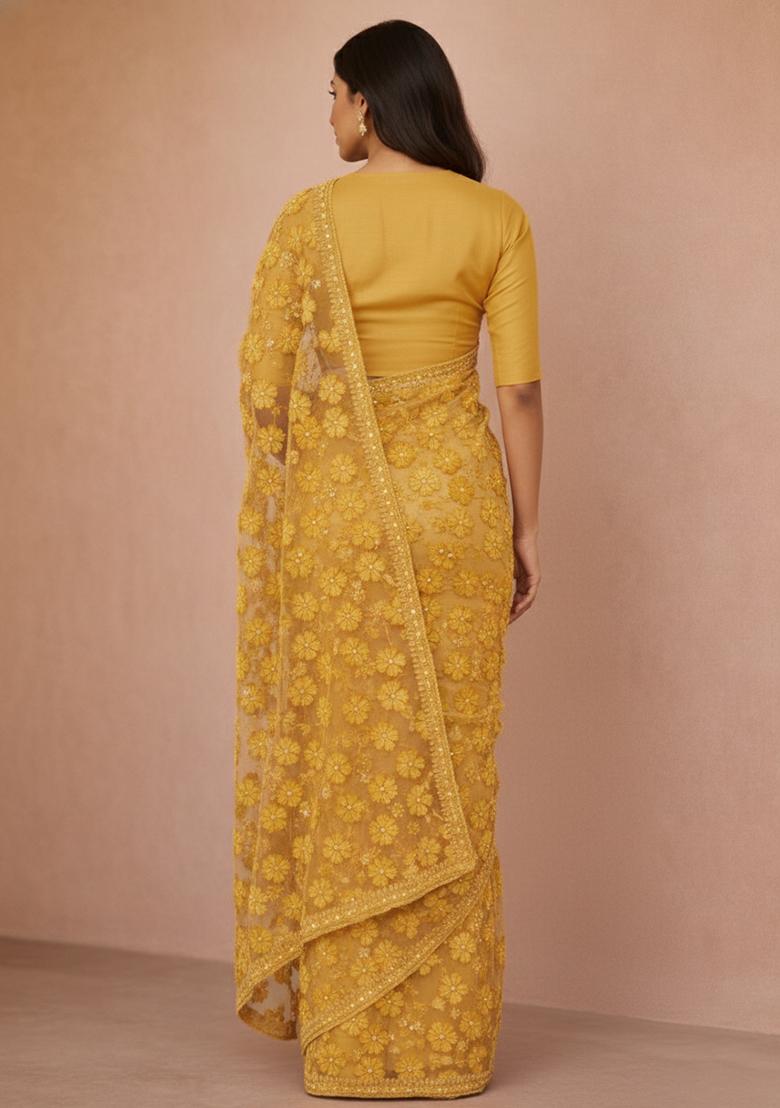 Yellow Embroidered Net Pre Drapped Saree Set - Indya
