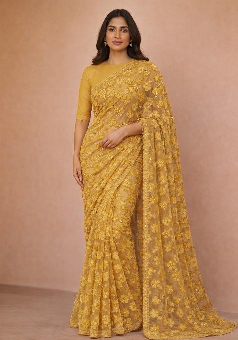 Yellow Embroidered Net Pre Drapped Saree Set