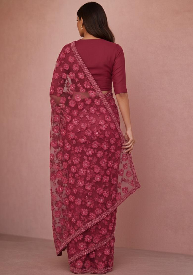 Rose Red Embroidered Net Pre Drapped Saree Set - Indya