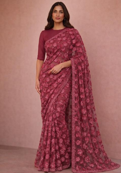 Rose Red Embroidered Net Pre Drapped Saree Set