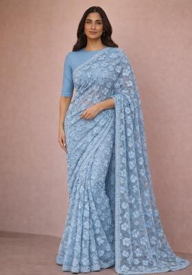 Powder Blue Embroidered Net Pre Drapped Saree Set