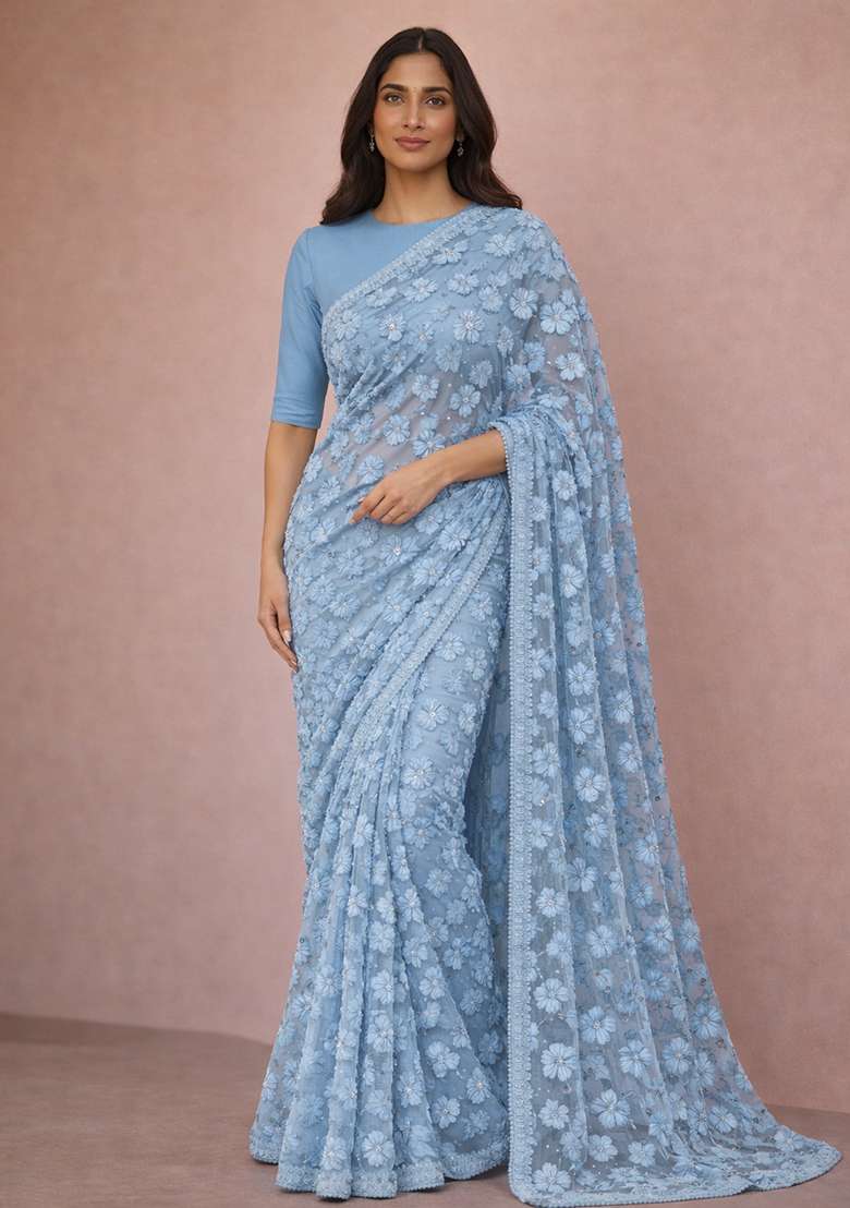 Powder Blue Embroidered Net Pre Drapped Saree Set - Indya
