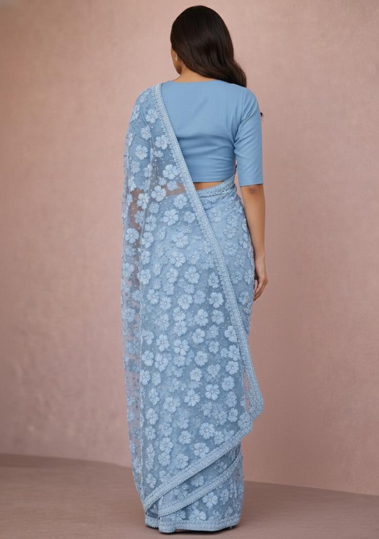 Powder Blue Embroidered Net Pre Drapped Saree Set - Indya