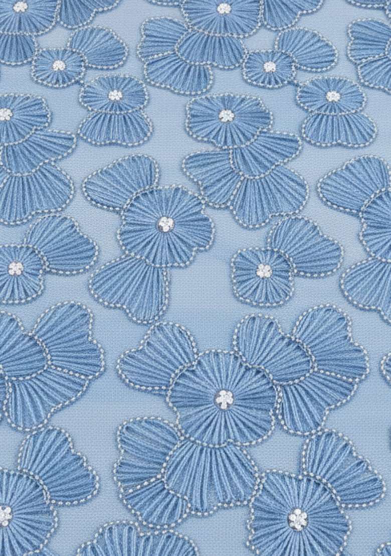 Powder Blue Embroidered Net Pre Drapped Saree Set - Indya