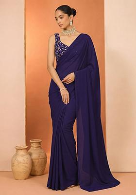 Royal Blue Embroidered Silk Pre Drapped Saree Set