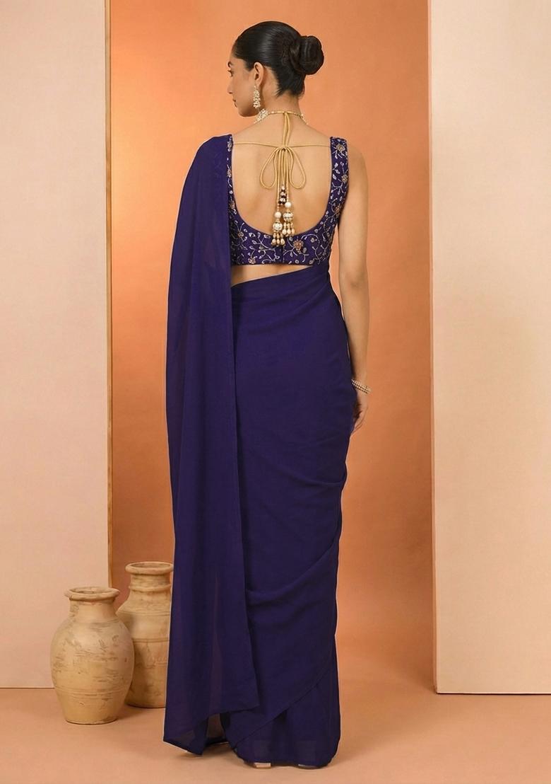 Royal Blue Embroidered Silk Pre Drapped Saree Set - Indya