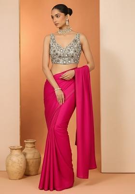 Pink Embroidered Tissue Pre Drapped Saree Set