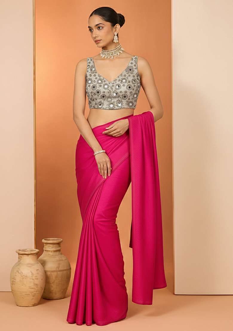 Pink Embroidered Tissue Pre Drapped Saree Set - Indya