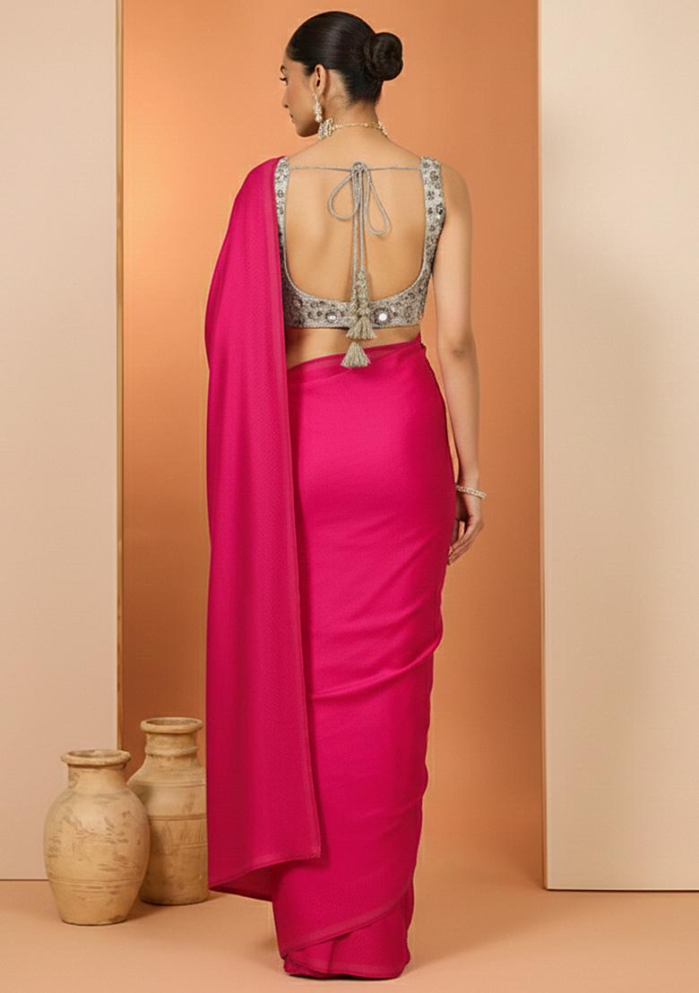 Pink Embroidered Tissue Pre Drapped Saree Set - Indya