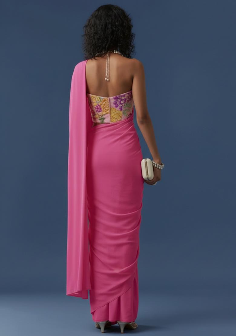 Pink Floral Print Crepe Pre Drapped Saree Set - Indya