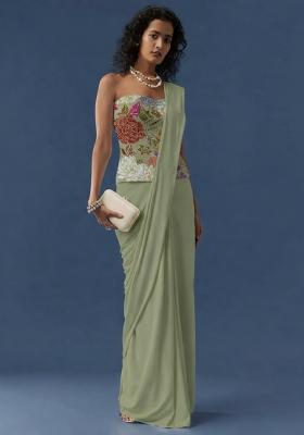 Sage Green Floral Print Crepe Pre Drapped Saree Set