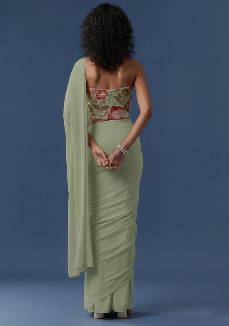 Sage Green Floral Print Crepe Pre Drapped Saree Set - Indya