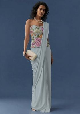 Powder Blue Floral Print Crepe Pre Drapped Saree Set