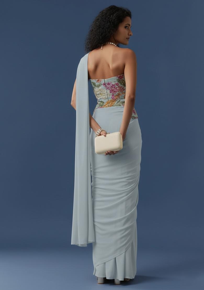 Powder Blue Floral Print Crepe Pre Drapped Saree Set - Indya