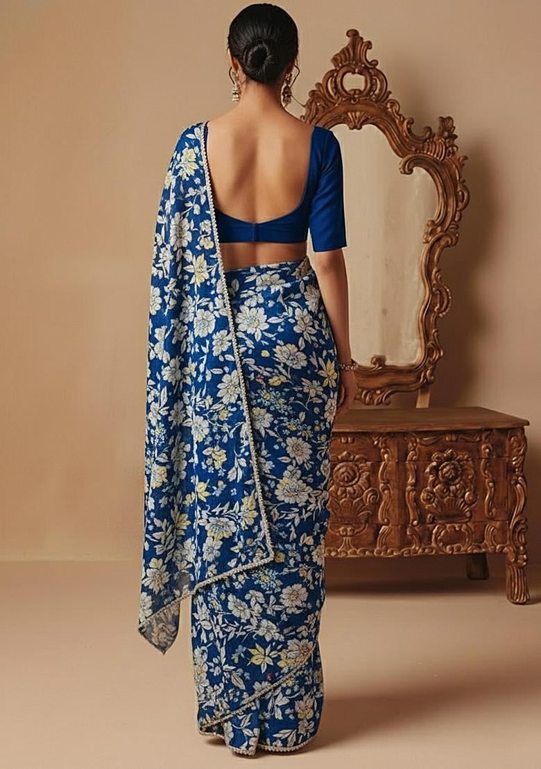 Teal Blue Printed Silk Pre Draped Saree Set - Indya