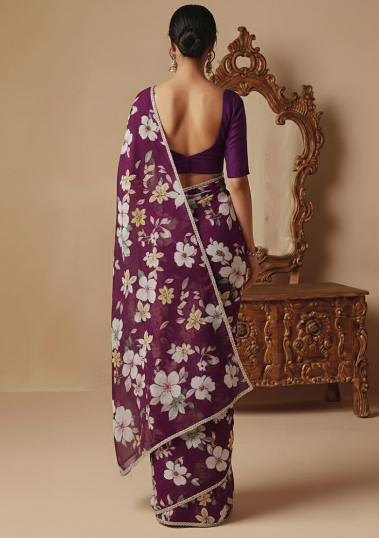 Plum Purple Printed Silk Pre Draped Saree Set - Indya