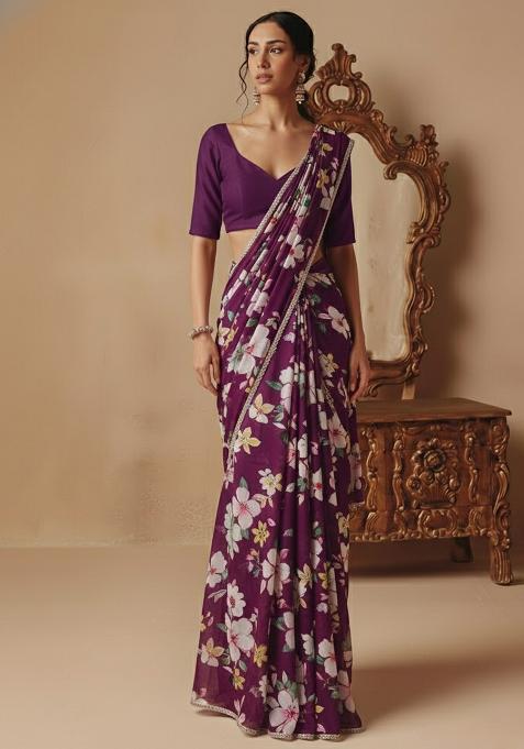 Plum Purple Printed Silk Pre Draped Saree Set