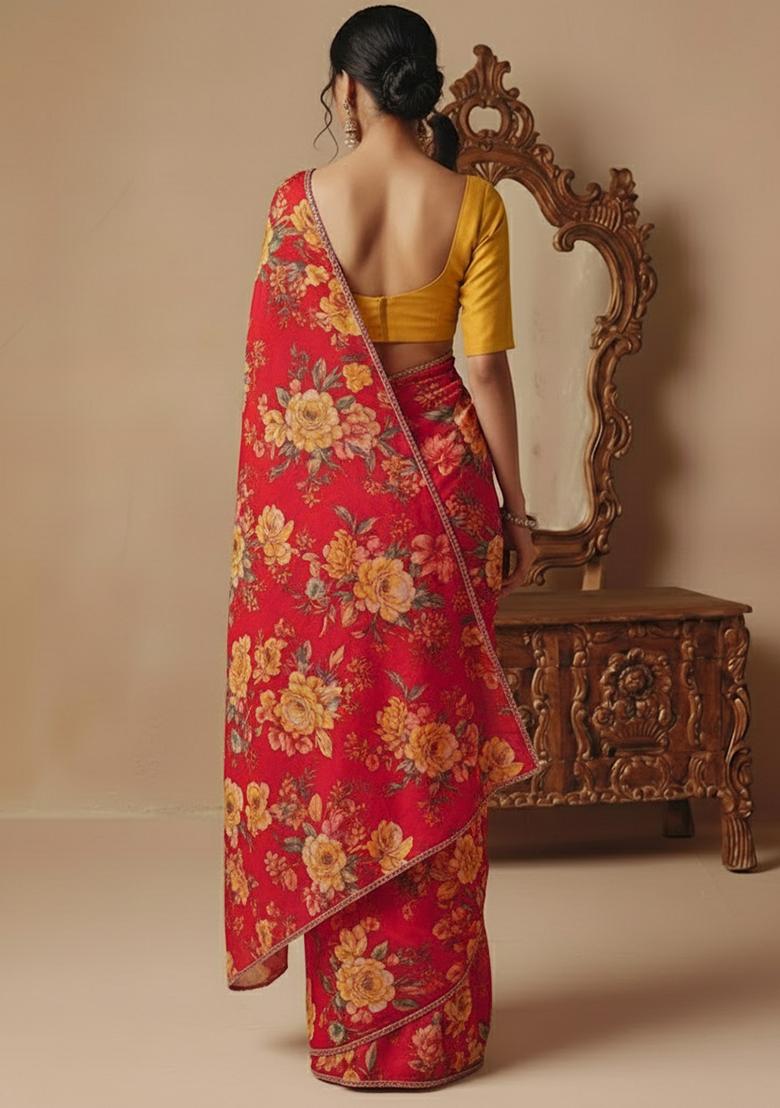 Rich Red Printed Silk Pre Draped Saree Set - Indya