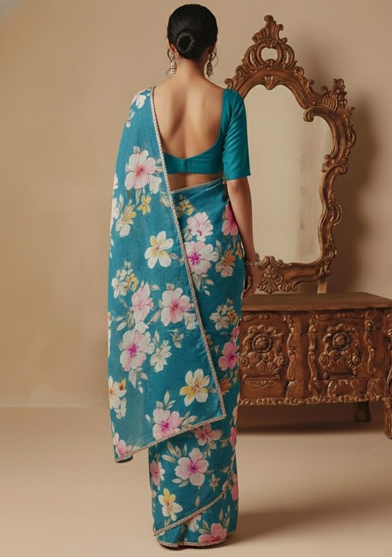 Sea Blue Printed Silk Pre Draped Saree Set - Indya