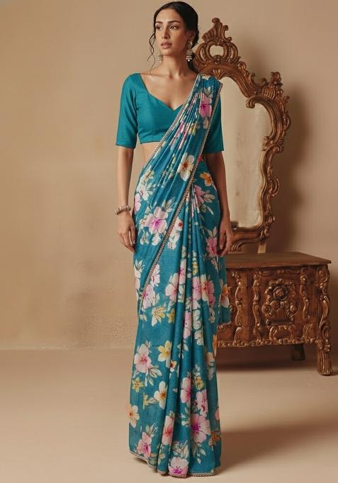 Sea Blue Printed Silk Pre Draped Saree Set