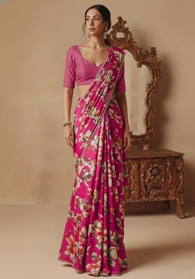 Pink Printed Silk Pre Draped Saree Set