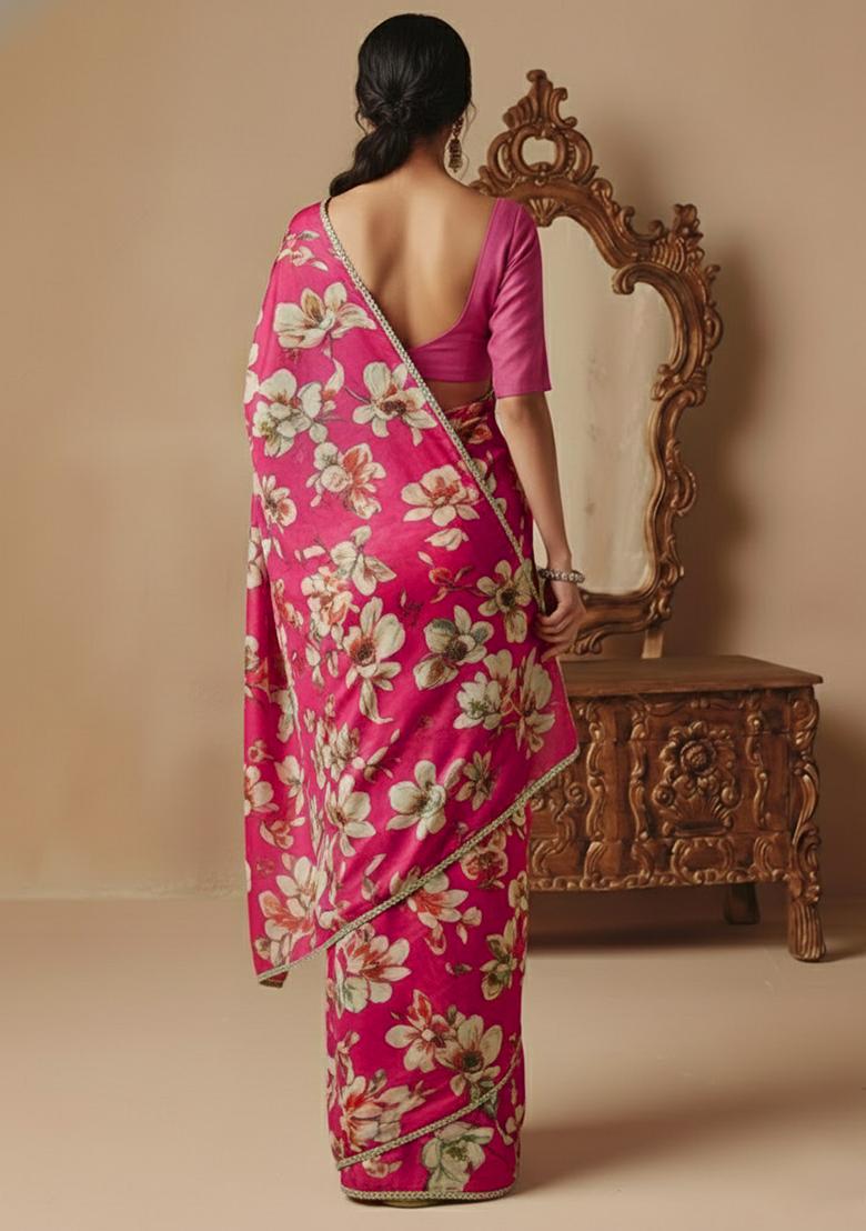 Pink Printed Silk Pre Draped Saree Set - Indya