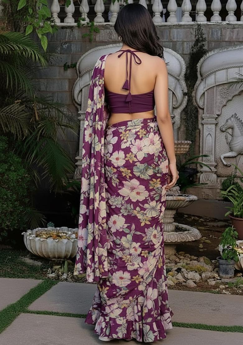 Plum Printed Crepe Pre Draped Saree Set - Indya