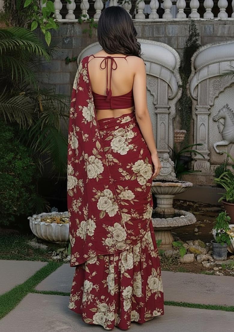 Maroon Printed Crepe Pre Draped Saree Set - Indya