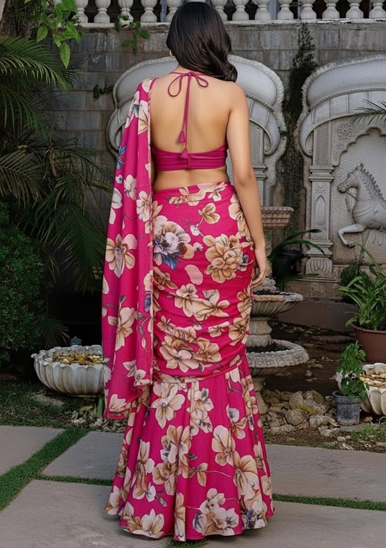 Pink Printed Crepe Pre Draped Saree Set - Indya