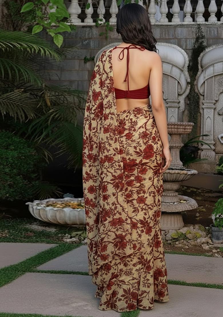 Rust Printed Crepe Pre Draped Saree Set - Indya