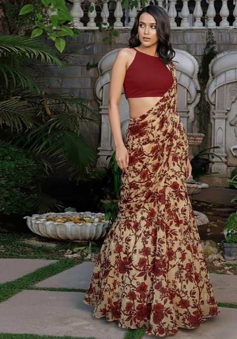 Rust Printed Crepe Pre Draped Saree Set