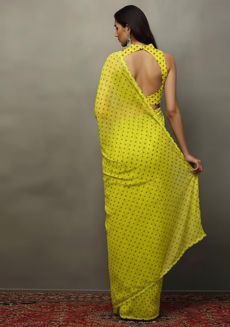 Lime Green Printed Orgenza Pre Draped Saree Set - Indya