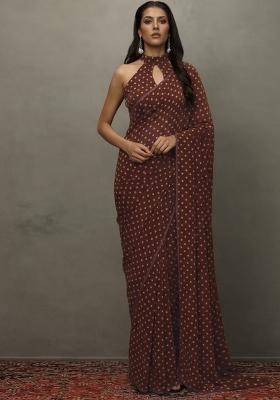 Brown Printed Orgenza Pre Draped Saree Set