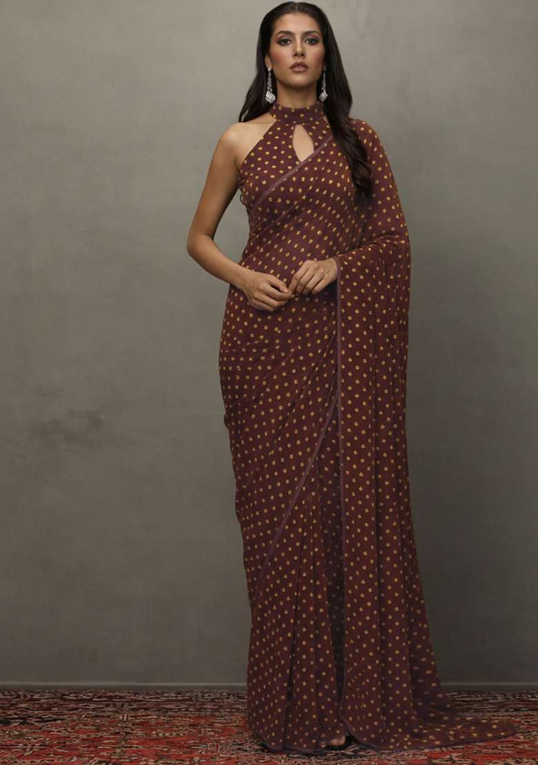 Brown Printed Orgenza Pre Draped Saree Set - Indya