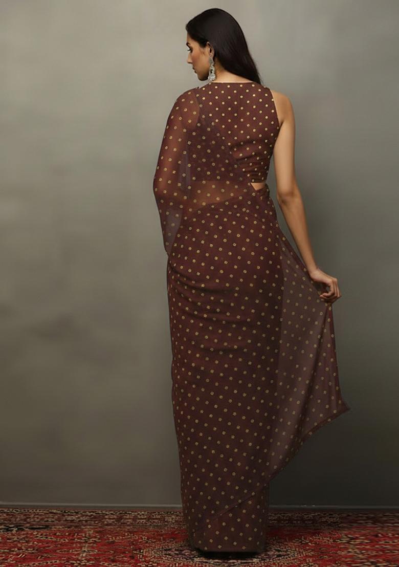 Brown Printed Orgenza Pre Draped Saree Set - Indya