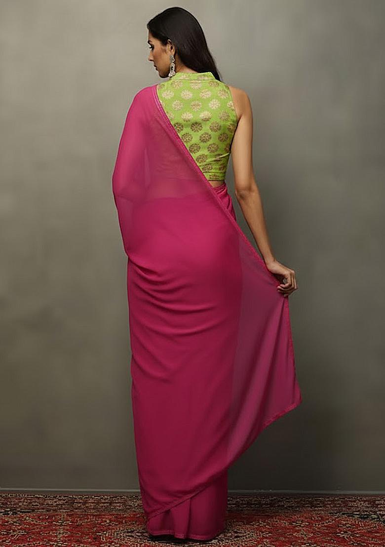 Rani Pink Brocade Pre Draped Saree Set - Indya