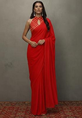 Red Brocade Pre Draped Saree Set