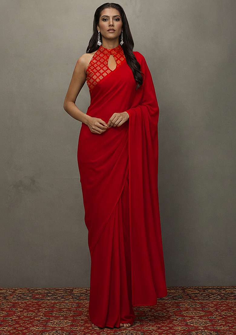 Red Brocade Pre Draped Saree Set for Diwali | Wedding & Festive Wear - Indya