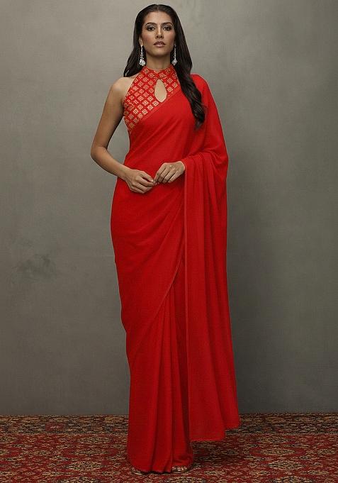 Red Brocade Pre Draped Saree Set