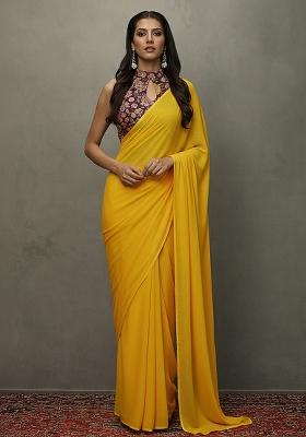 Yellow Crepe Pre Draped Saree Set With Floral Embroidery Blouse