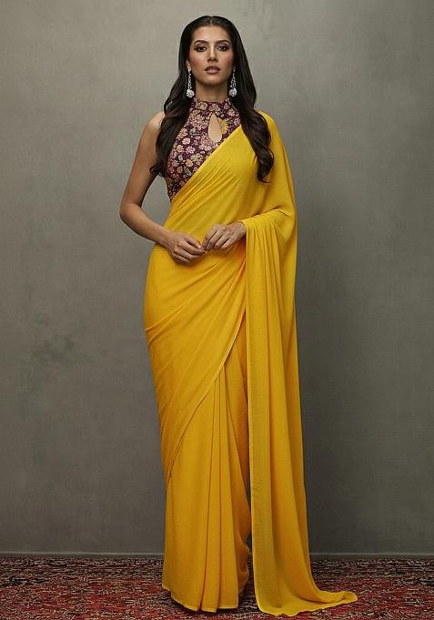 Yellow Crepe Pre Draped Saree Set With Floral Embroidery Blouse