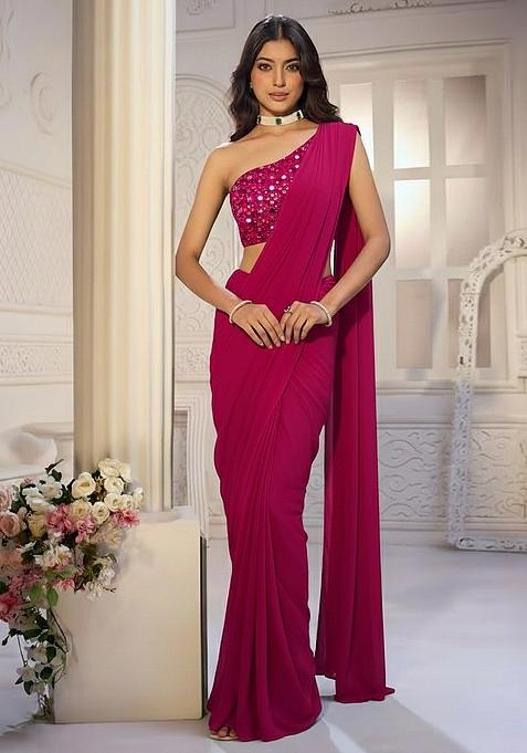 Pink Net Pre Draped Saree Set With Embroidery Blouse
