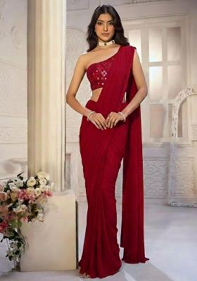Red Net Pre Draped Saree Set With Embroidery Blouse