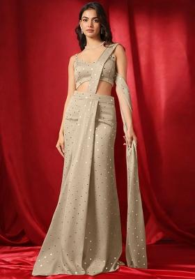 Champagne Gold Mirror Booti Silk Pre Draped Saree Set